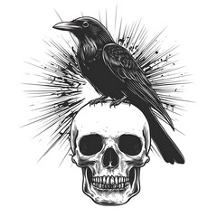 Obraz premium Crow perched on skull with burst background.