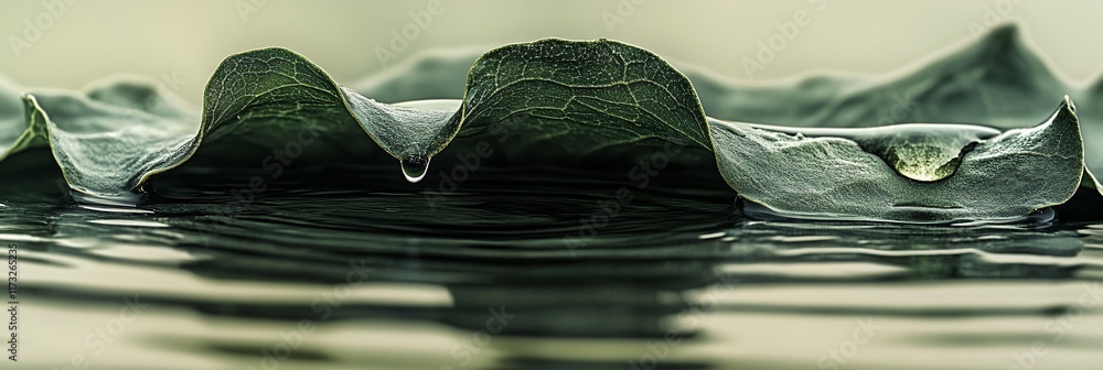 Poster close-up of a large, dark green leaf floating on still water, showing its texture and a droplet.