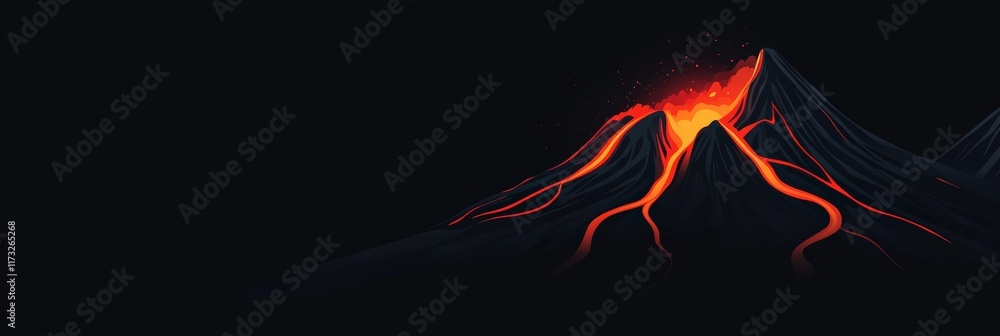 Poster red hot lava flowing down the slopes of an erupting volcano at night, casting a mesmerizing fiery gl