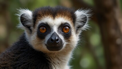 Fototapeta premium lemur face close up potrait in green tree forest habitat background