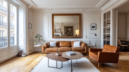 Fototapeta premium Parisian apartment living room, leather sofa, mirror, city view, interior design
