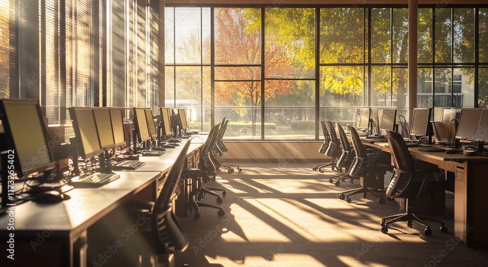 Leinwandbilder Sunlit computer lab with autumnal view.