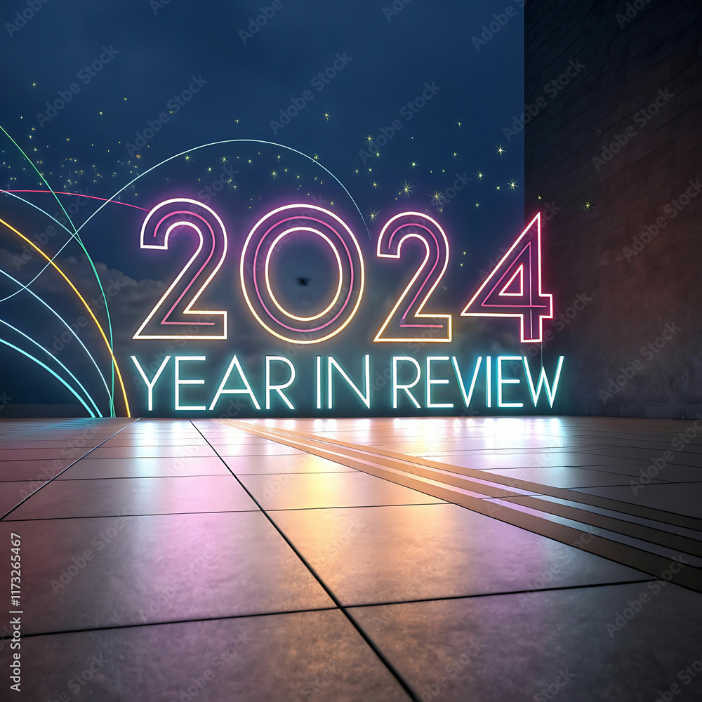 Fototapete 2024 year in review abstract art with glowing colorful numbers and dynamic lines