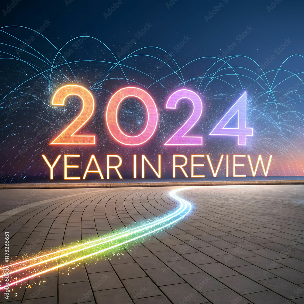 Fototapete 2024 year in review abstract art with glowing colorful numbers and dynamic lines