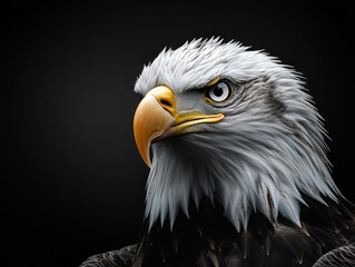 Obraz premium Close-up of a bald eagle showcasing its piercing eyes and sharp beak in a dramatic light setting, emphasizing the beauty of this majestic bird of prey
