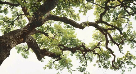 Fototapeta premium Looking up at a majestic old tree with gnarled branches and lush green leaves against a bright sky. Nature's beauty in vibrant detail.