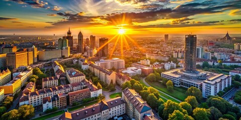Golden Hour Aerial Cityscape: Warm Light Flare Over Urban Landscape