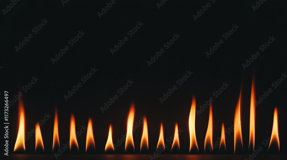 Poster small flames are burning in a row against a dark background, creating a warm, inviting atmosphere, p