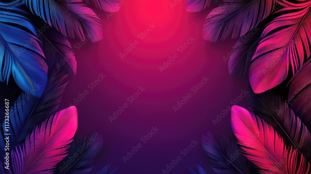 Poster feather abstract background idea. vibrant digital background with colorful tropical leaves and a glo