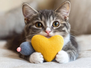 cute kitten holding heart shaped toy mouse, expressing joy and playfulness