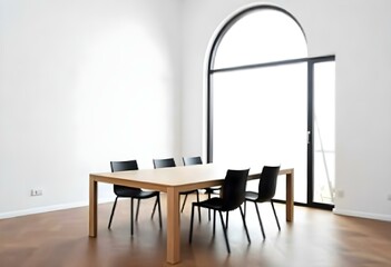 A modern dining room with a rectangular wooden table, four black chairs, and a large arched window in the background.