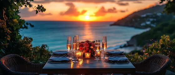Obraz premium Romantic oceanfront sunset dinner.