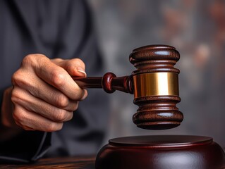 In a professional legal session centered on justice and advocacy, a corporate lawyer asserts their authority while holding a gavel in a studio setting