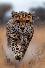 Fototapeta premium A cheetah sprinting through tall grass in a natural habitat.