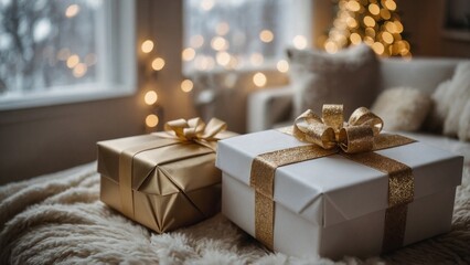 In a cozy living room,Red and gold Christmas presents are elegantly displayed against a backdrop of blurred window and twinkling bokeh lights