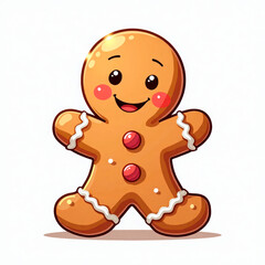 A smiling, anthropomorphized gingerbread man, with expressive eyes and teeth, adorned in red buttons and icing, waves in a playful cartoon style - Generative AI