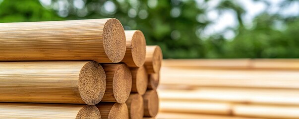Structure form durability concept. Stacked wooden logs with a natural finish, surrounded by greenery, showcasing wood texture and construction materials.