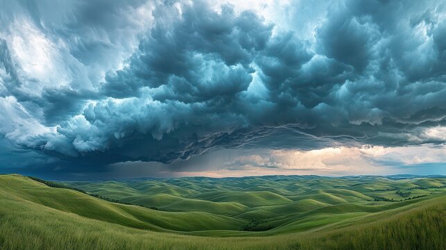 Dramatic landscape of rolling hills with stormy clouds looming above during late afternoon light, showcasing nature's beauty and power in a serene yet dynamic environment