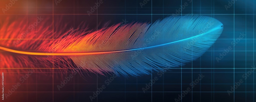Poster feather abstract background idea. vibrant digital feather design with blue and orange colors, ideal 