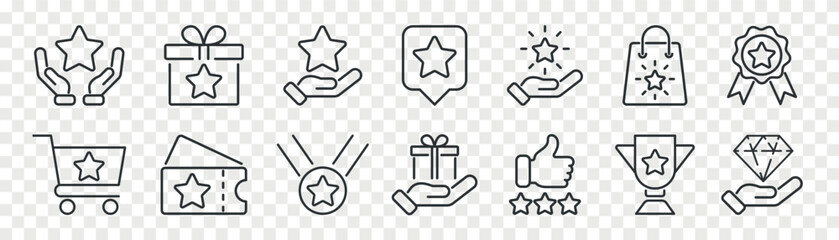 Bonus, benefit, offer and reward. Vector linear icon set.