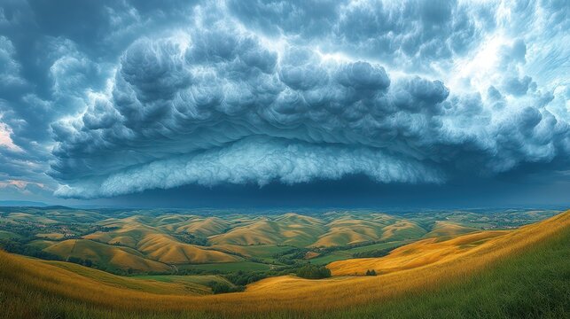 The picturesque countryside showcases dramatic rolling hills that stretch out beneath a vast sky, heavy with dark, swirling clouds that signal an approaching storm