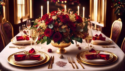 Elegant Christmas Dinner Table Setting with Red Roses and Gold Accents