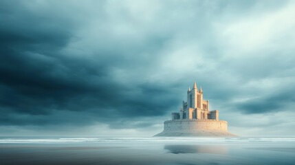 Obraz premium Majestic medieval castle on serene island under dramatic skies, surrounded by reflective waters. A perfect travel destination marvel.