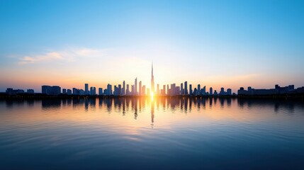 Fototapeta premium Breathtaking City Skyline at Dawn with Sunlight Glimmering on Calm River Waters Creating a Tranquil and Captivating Urban Reflection Scene