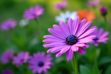 Lush green stem supports a bright purple daisy with delicate petals, bloom, garden, plant