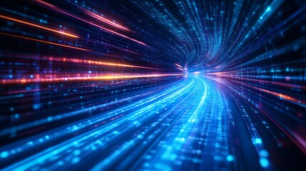 A vibrant, abstract representation of light trails and digital data, creating a sense of speed and movement through a futuristic tunnel.