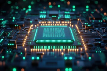 Obraz premium Glowing circuit board illuminated in a dark setting, showcasing intricate details and vibrant colors emanating from the components