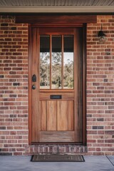 Fototapeta premium Elegant wooden door framed by red brick wall with surrounding greenery visible in the background creates an inviting atmosphere in a residential area