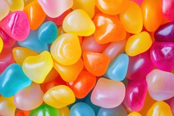 A delightful and vibrant collection of jelly candies, showcasing a variety of playful shapes and an array of bright colors, beautifully arranged for a stunning visual appeal