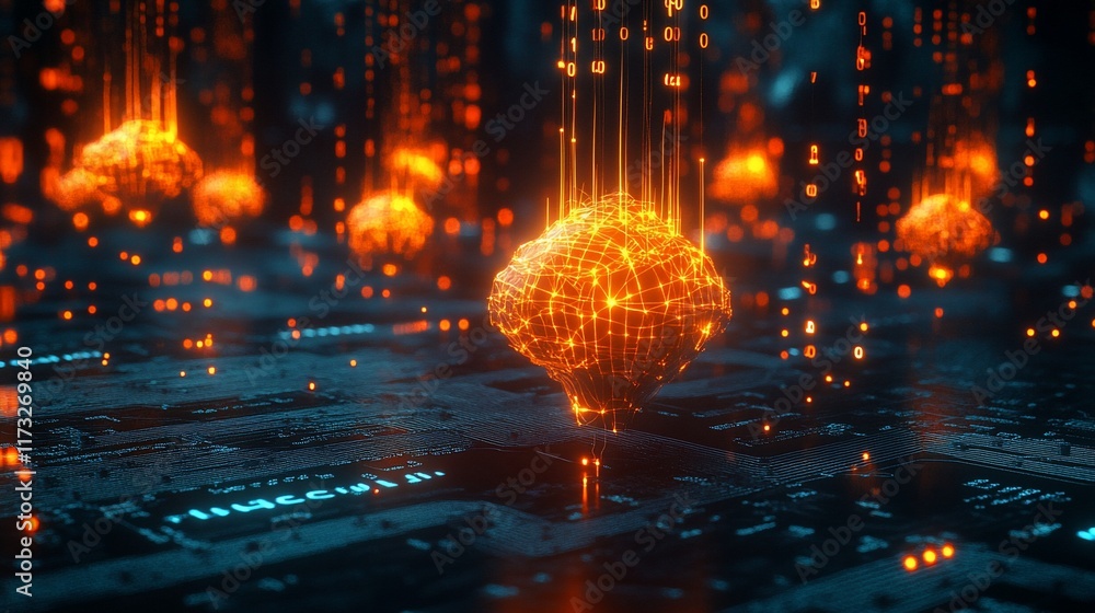 Poster Glowing orange digital brains on a circuit board, representing AI and neural networks.