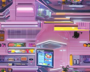 Futuristic pink food vending machine with digital menu, displaying healthy and vibrant meals.  Modern, clean design.