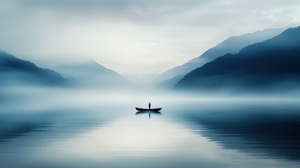 A man is in a boat on a lake surrounded by mountains. The sky is cloudy and the water is calm. The scene is peaceful and serene, with the man enjoying the quietness of the lake