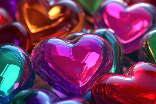 Colorful glass heart shapes in various sizes arranged closely together create a vibrant and cheerful display, suitable for decoration or gifting during special occasions