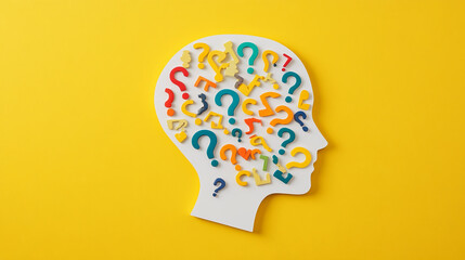 Colorful question marks forming a head silhouette on a vibrant yellow background