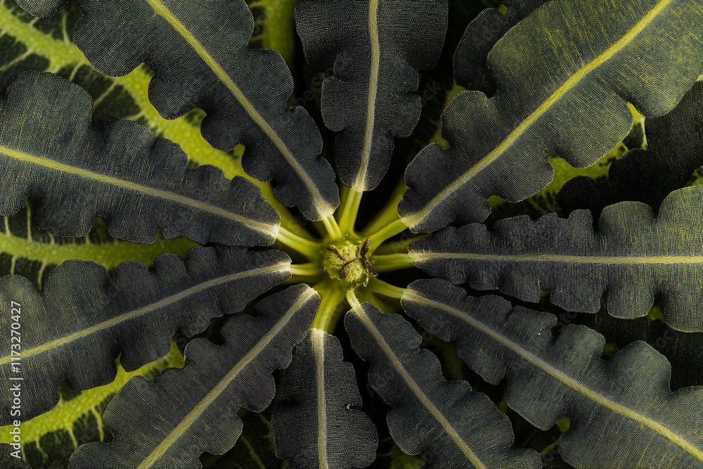 Aufkleber close-up view of a unique plant with dark green, textured leaves radiating from a central point, cre
