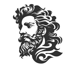 Stylized black silhouette of man's face, with beard and wavy hair.