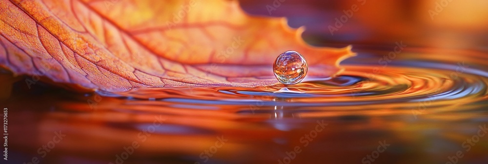 Poster autumn leaf and water droplet creating ripples on still water.