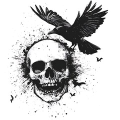 Fototapeta premium Raven perches on a skull, with splatters.
