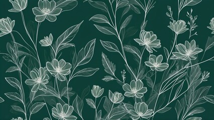Elegant monochrome floral pattern with delicate white line art on a dark green background