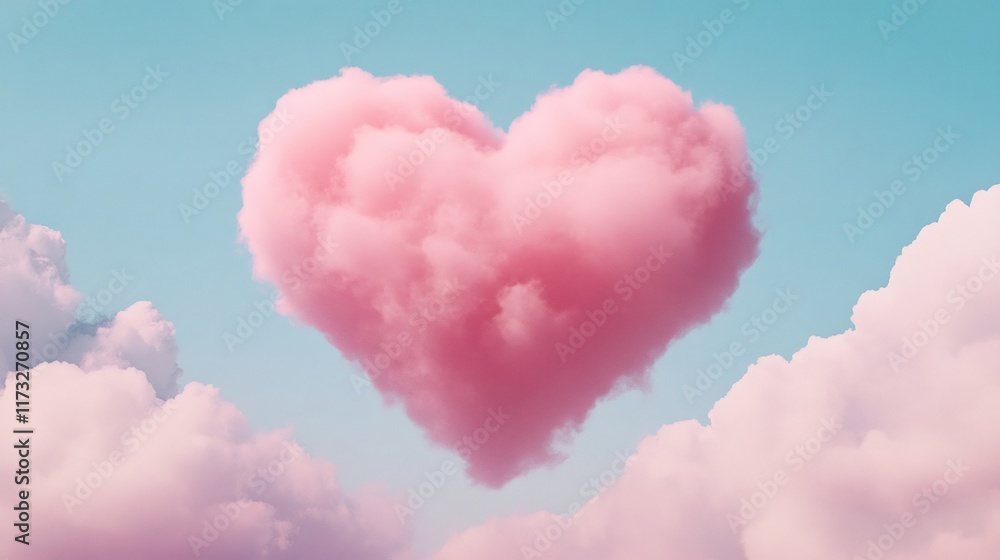 Poster pastel heart-shaped cloud floating in serene sky with soft fluffy clouds