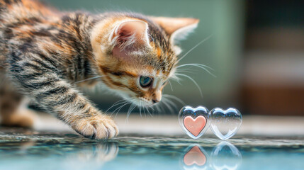 Naklejka premium playful kitten curiously approaches heart shaped decorations, exploring joyfully