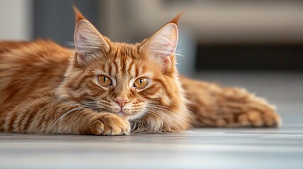 Adorable Ginger Maine Coon Cat Relaxing on Floor