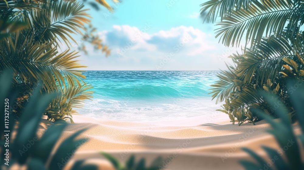 Wall mural Tranquil beach landscape with lush palms tropical paradise digital art serene atmosphere peaceful viewpoint nature concept