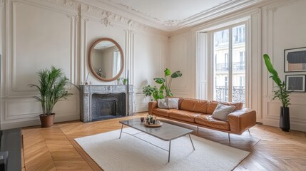 Fototapeta premium Parisian apartment living room, sunlight, plants, herringbone floors, elegant design, home staging