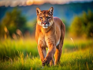 Fototapeta premium Graceful Puma in Motion: Wildcat Walking Through Savannah Grassland