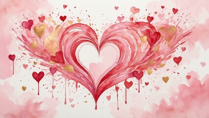Vibrant watercolor heart with splashes and smaller hearts in red and gold tones creating a festive atmosphere